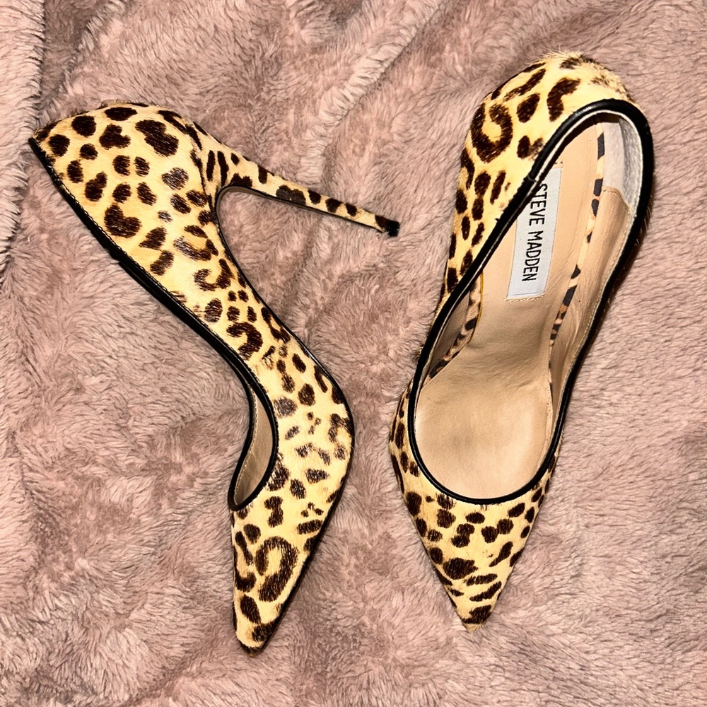 Steve Madden Daisie Leopard Print Leather Calf Fur Womens High Heels Size 7.5 - Picture 4 of 8